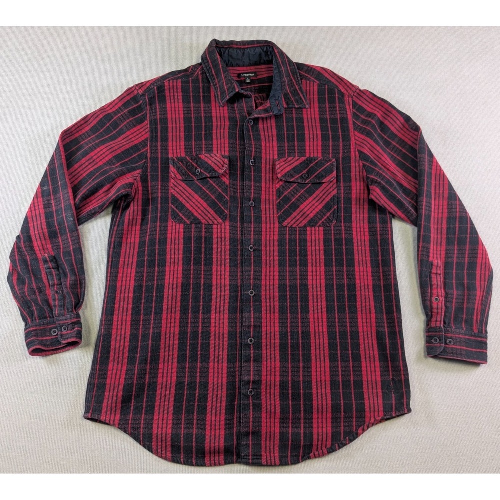 J Peterman Shirt Mens Large Red Black Flannel Plaid Button Cotton Long Sleeve
